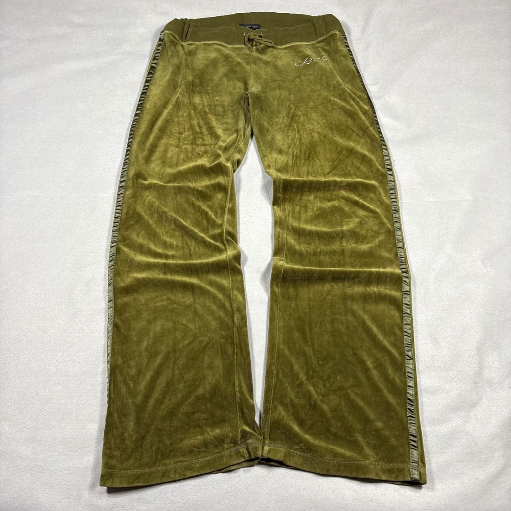 Bebe Vintage Y2K Olive Green Velour Wide Leg Track Pants Rhinestone Logo Size M